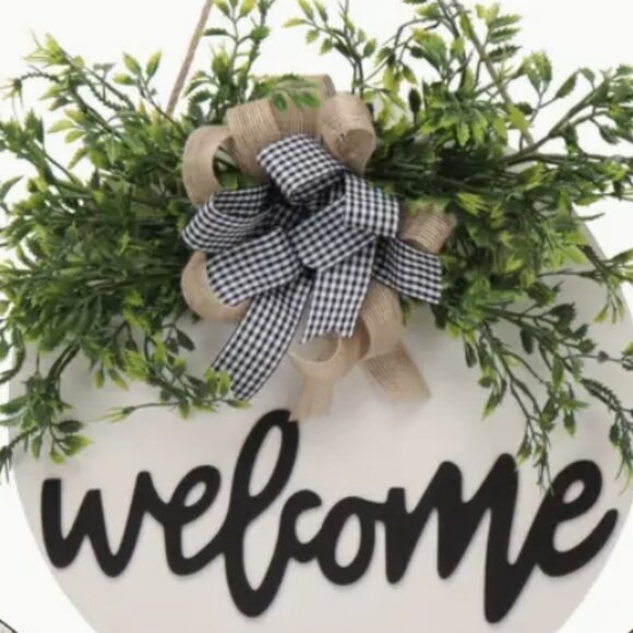 Welcome Sign Rustic Farmhouse Front Door Wreath Buffalo Plaid Check Black White - Picture 8 of 10